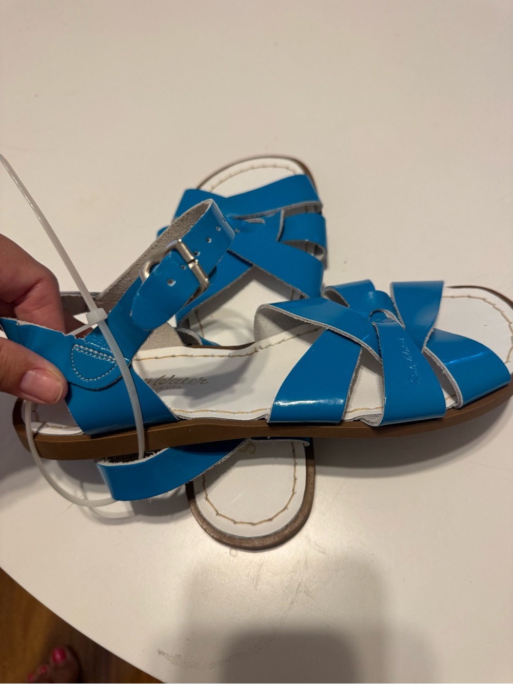 Patent Strappy Blue Women's Sandals with Ankle Buckle - Picture 3 of 8